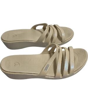 CROCS Womens Sz 9 Rhonda Beige Strappy Wedge Slide Sandals